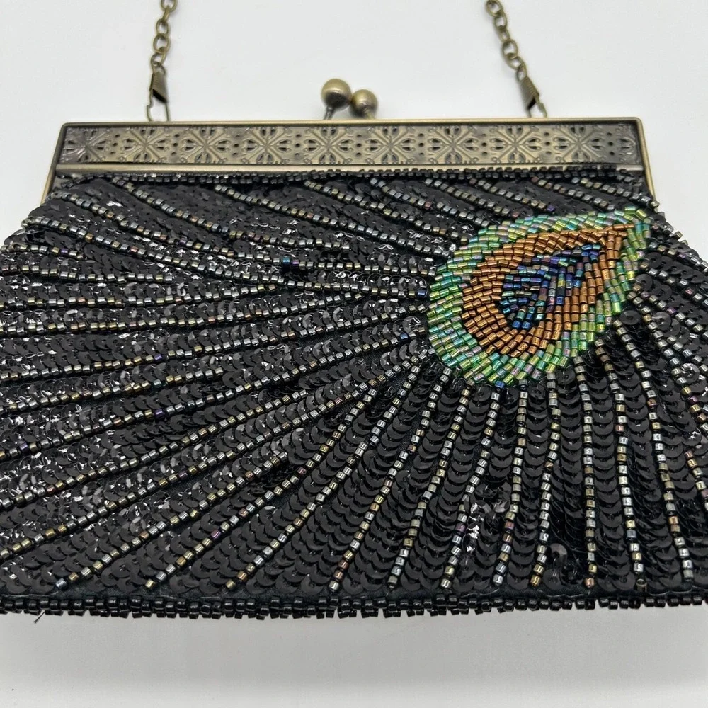 Peacock Black Clutch Purse Beaded Sequin Evening Bag Chain‎ Handle